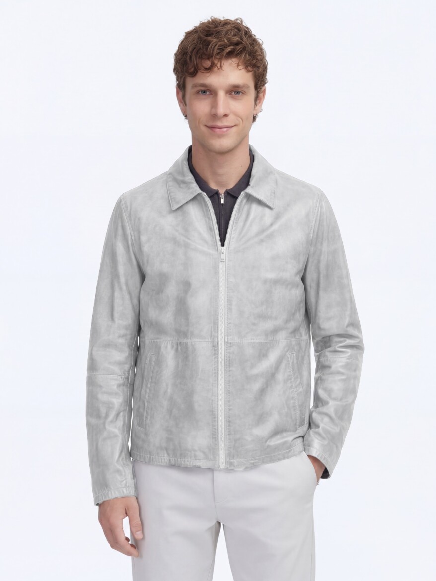 Grey Regular Fit Shirt Collar Smart Casual Double-Sided Leather Coat - 2