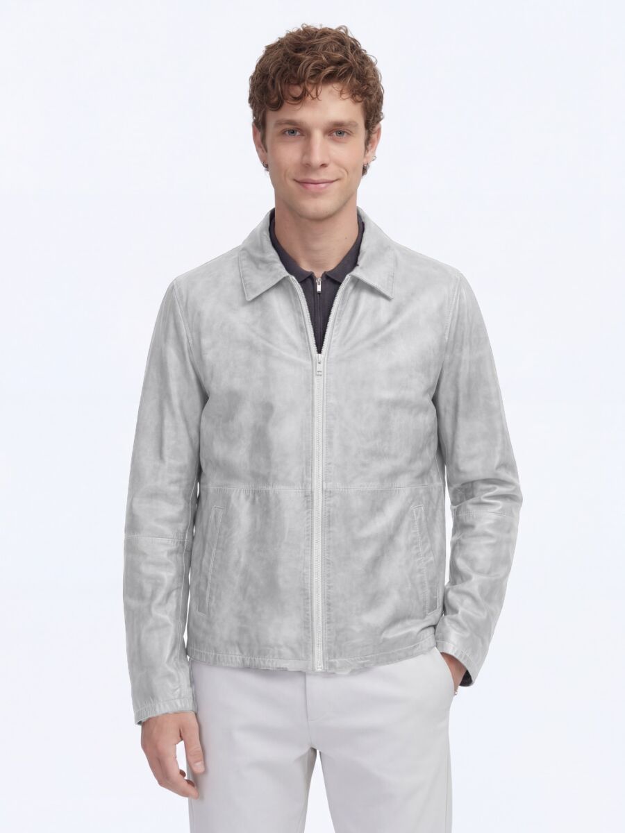 Grey Regular Fit Shirt Collar Smart Casual Double-Sided Leather Coat - 2