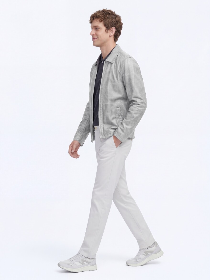 Grey Regular Fit Shirt Collar Smart Casual Double-Sided Leather Coat - 4