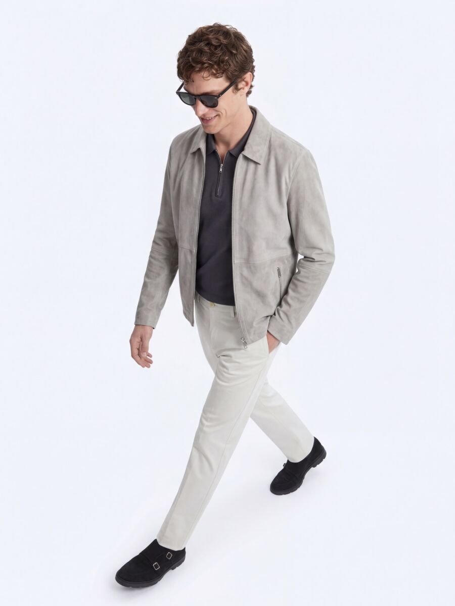 Grey Regular Fit Shirt Collar Smart Casual Double-Sided Leather Coat - 5