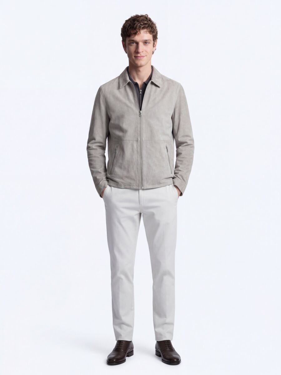Grey Regular Fit Shirt Collar Smart Casual Double-Sided Leather Coat - 3