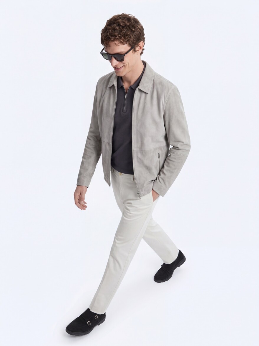 Grey Regular Fit Shirt Collar Smart Casual Double-Sided Leather Coat - 5