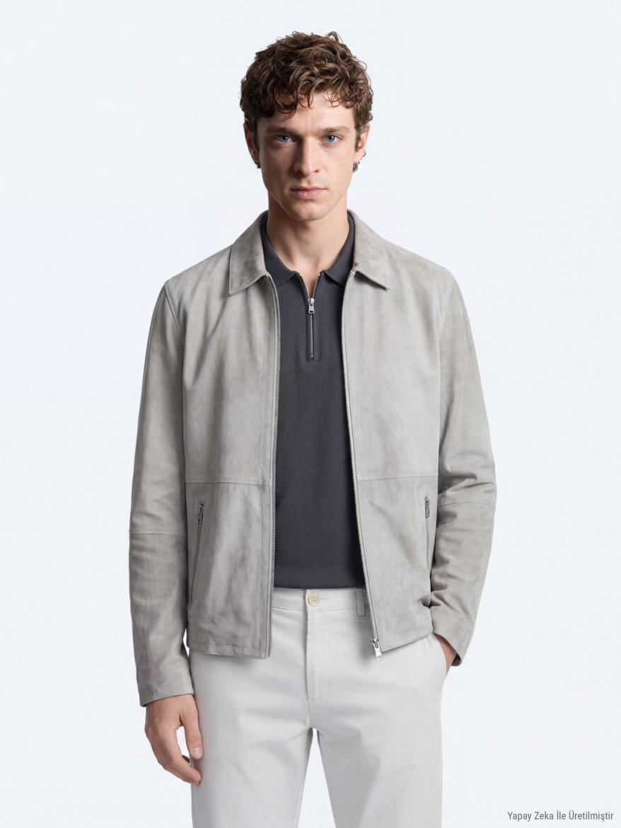 Grey Regular Fit Shirt Collar Smart Casual Double-Sided Leather Coat 