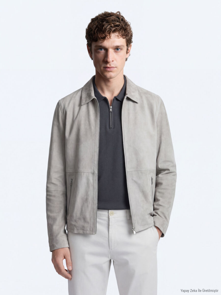 Grey Regular Fit Shirt Collar Smart Casual Double-Sided Leather Coat - 1