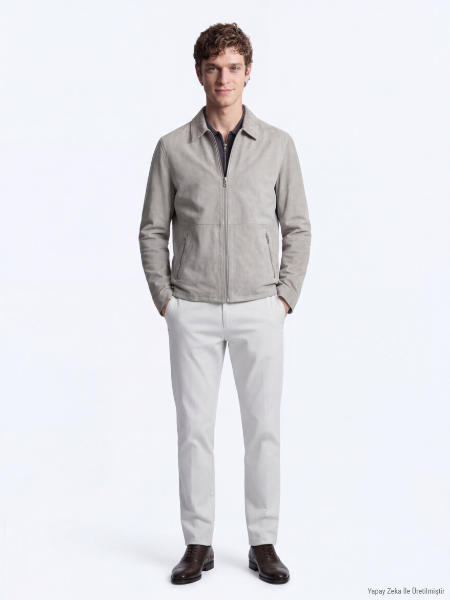 Grey Regular Fit Shirt Collar Smart Casual Double-Sided Leather Coat - 3