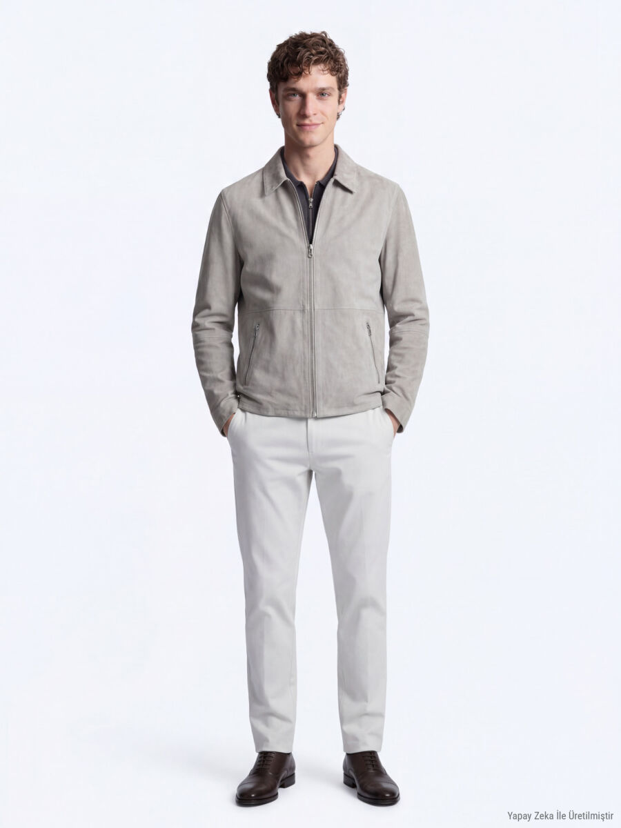 Grey Regular Fit Shirt Collar Smart Casual Double-Sided Leather Coat - 3