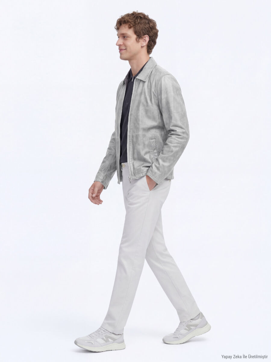 Grey Regular Fit Shirt Collar Smart Casual Double-Sided Leather Coat - 4