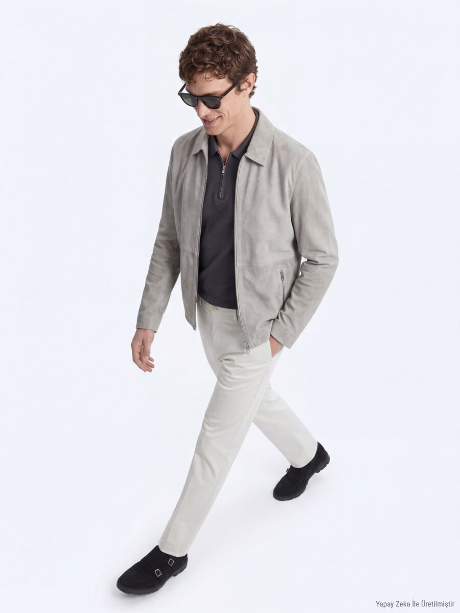 Grey Regular Fit Shirt Collar Smart Casual Double-Sided Leather Coat - 5