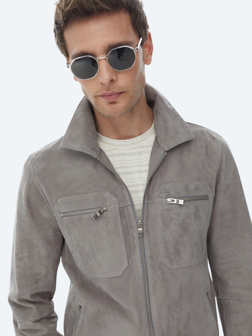 Grey Regular Fit Shirt Collar Smart Casual Leather Coat - 1