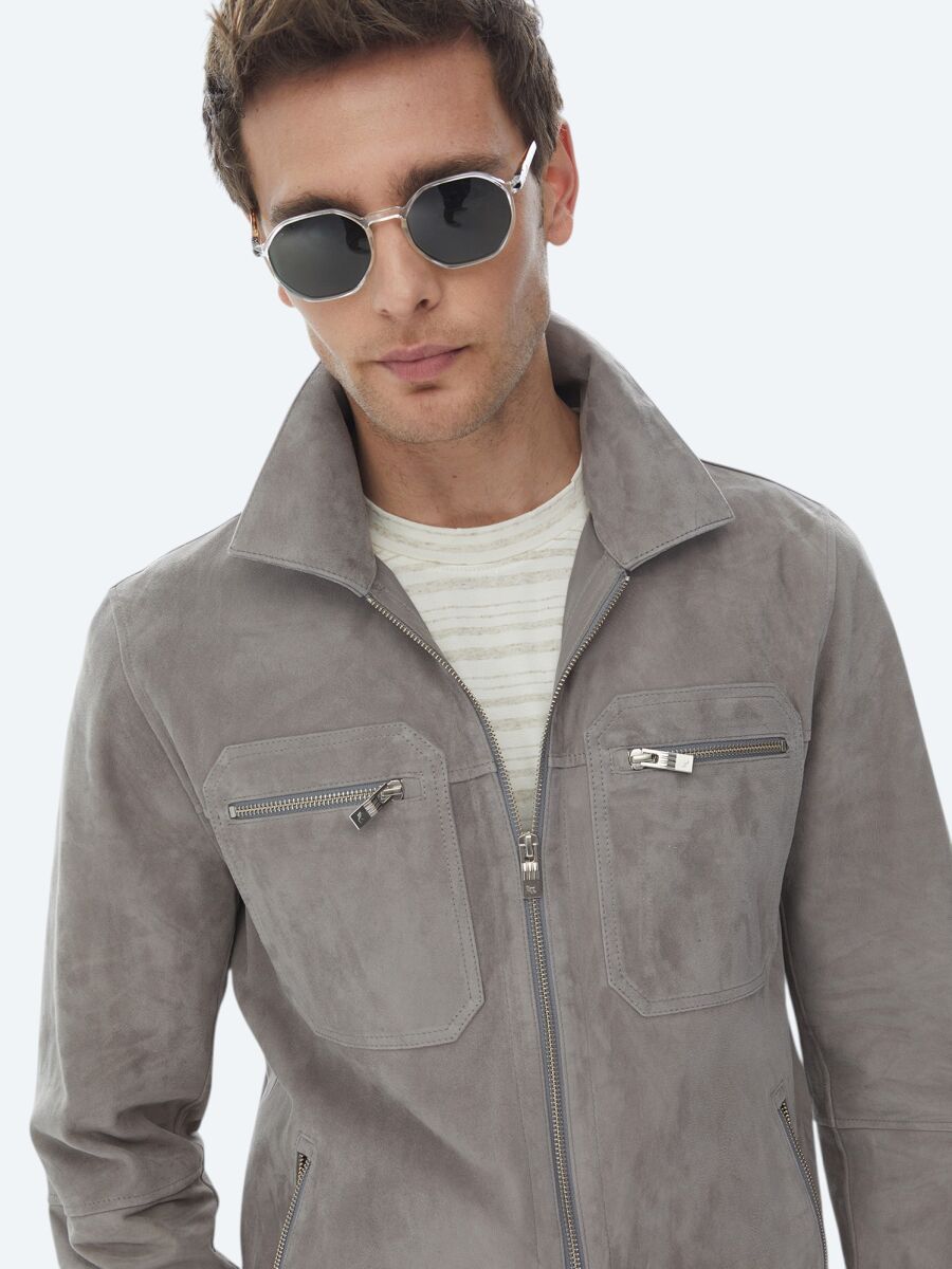 Grey Regular Fit Shirt Collar Smart Casual Leather Coat - 1