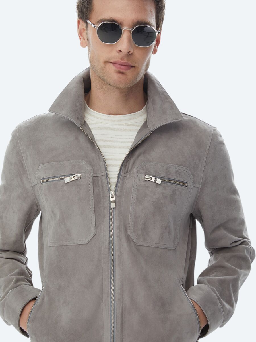 Grey Regular Fit Shirt Collar Smart Casual Leather Coat - 2