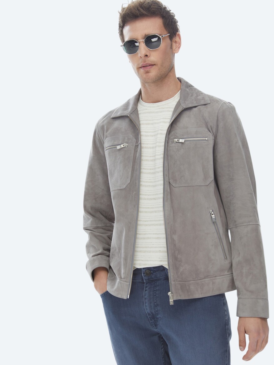 Grey Regular Fit Shirt Collar Smart Casual Leather Coat - 8