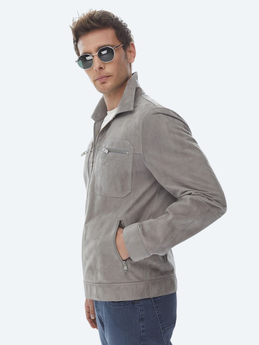 Grey Regular Fit Shirt Collar Smart Casual Leather Coat - 9