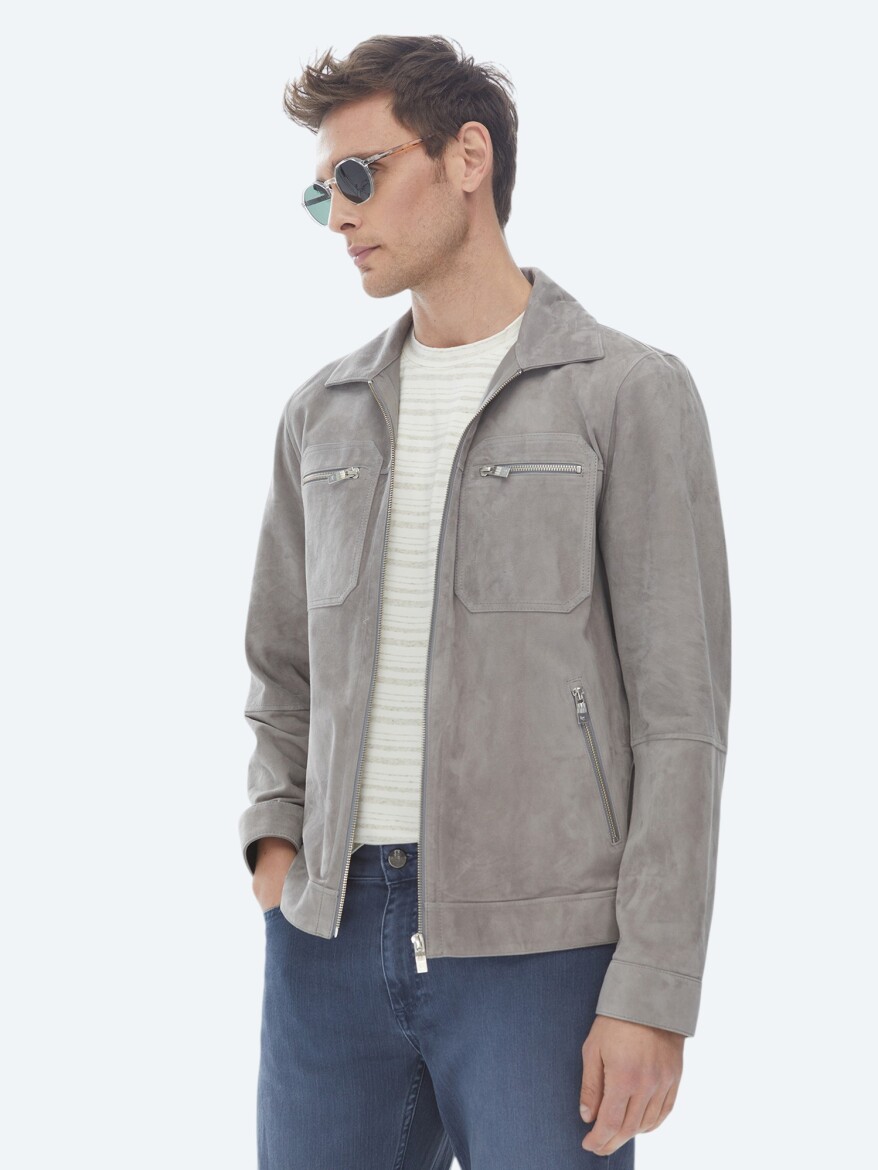 Grey Regular Fit Shirt Collar Smart Casual Leather Coat - 10