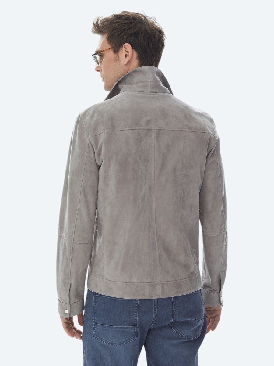 Grey Regular Fit Shirt Collar Smart Casual Leather Coat - 12