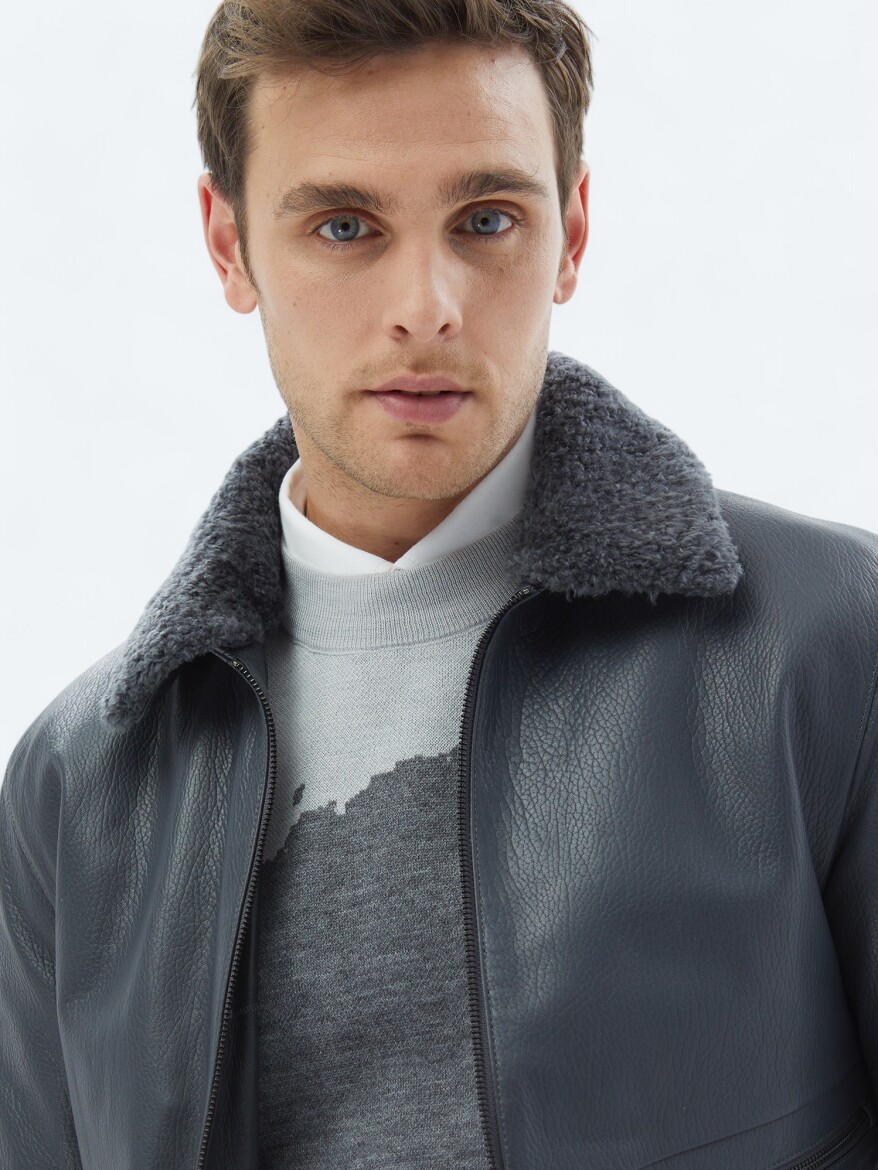 Grey Regular Fit Smart Casual Sheep Leather Leather Coat - 4