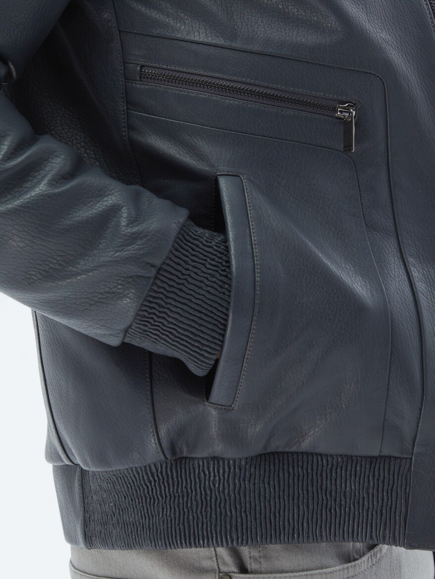 Grey Regular Fit Smart Casual Sheep Leather Leather Coat - 5