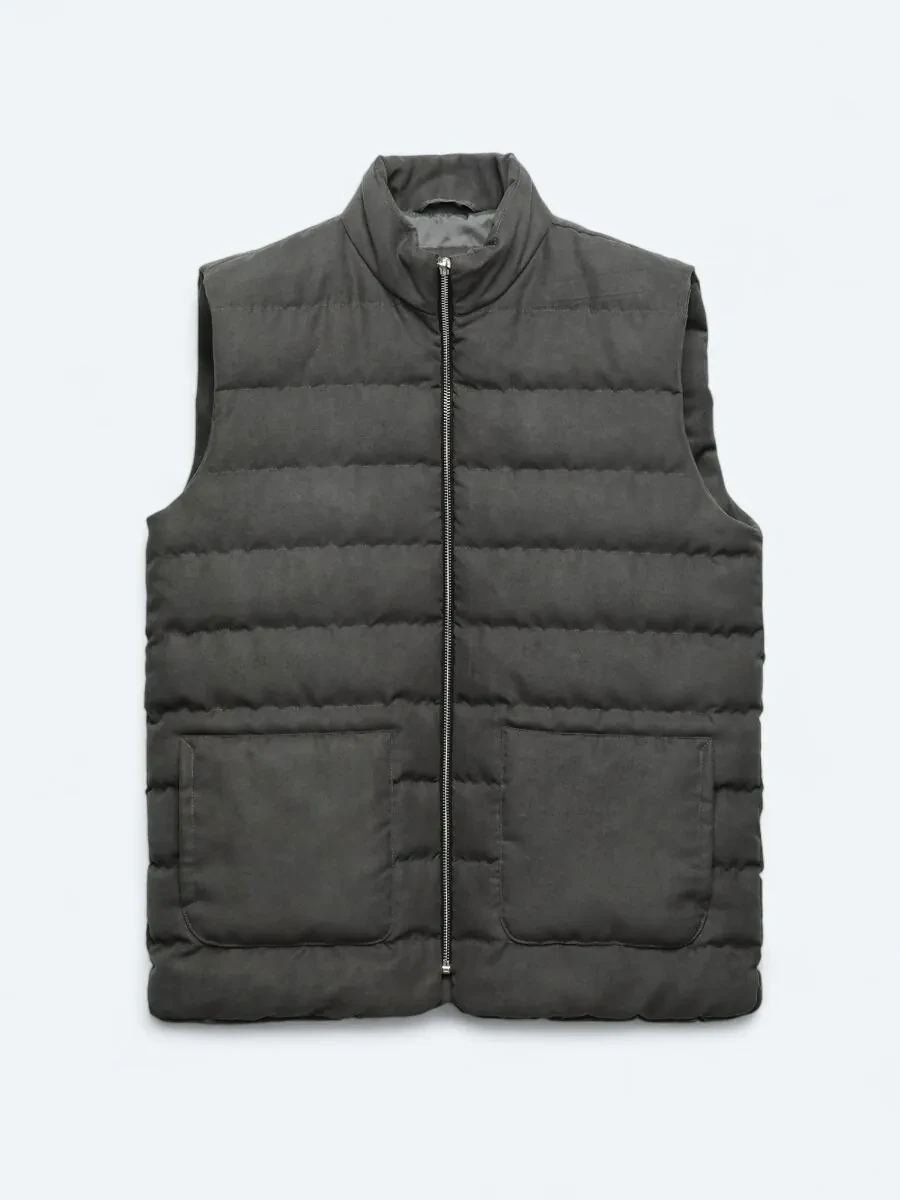 Grey Regular Fit Turtleneck Casual Weaving Puffer Vest - 6