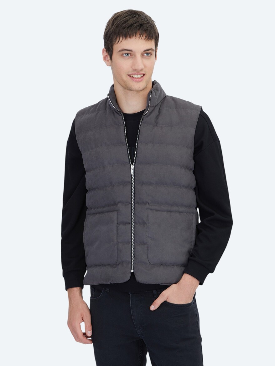 Grey Regular Fit Turtleneck Casual Weaving Puffer Vest - KİP