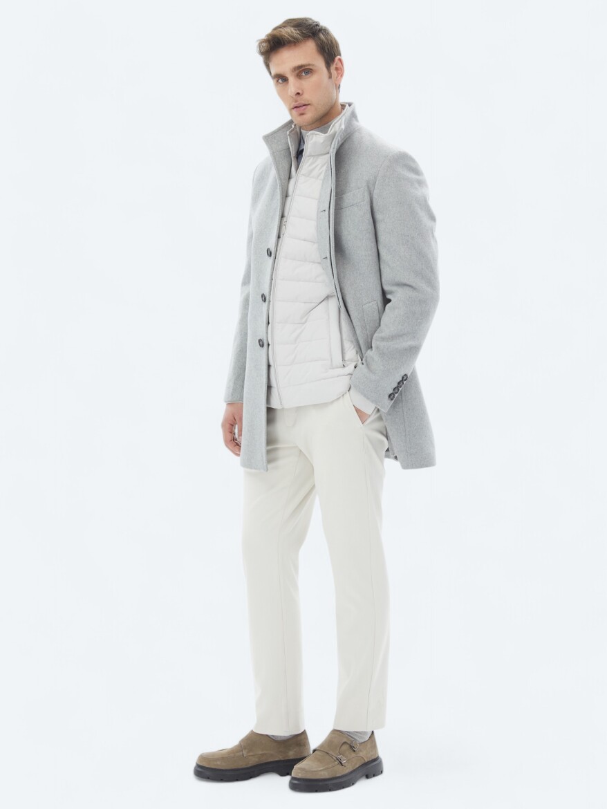 Grey Regular Fit Turtleneck Classical Weaving Overcoat - 4