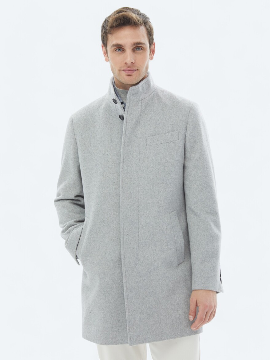 Grey Regular Fit Turtleneck Classical Weaving Overcoat - 2