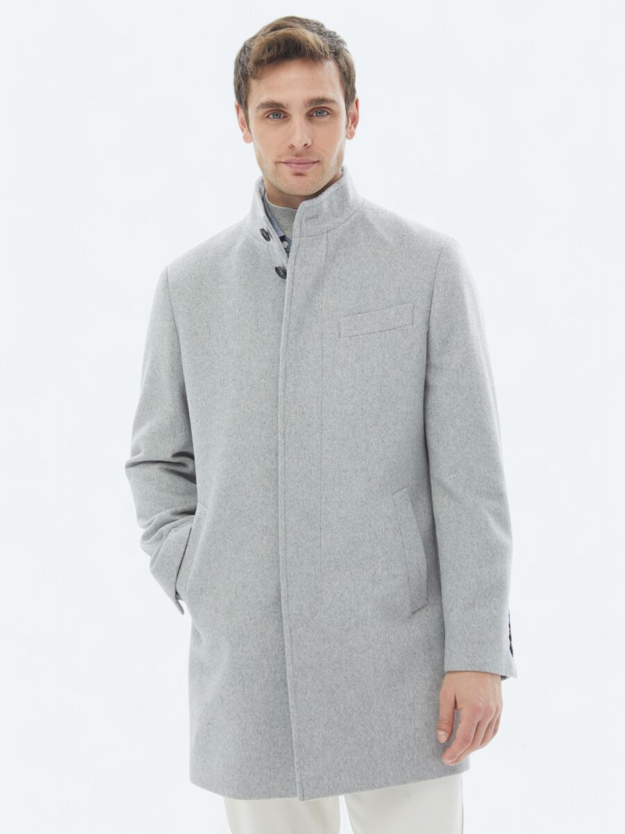 Grey Regular Fit Turtleneck Classical Weaving Overcoat - 2