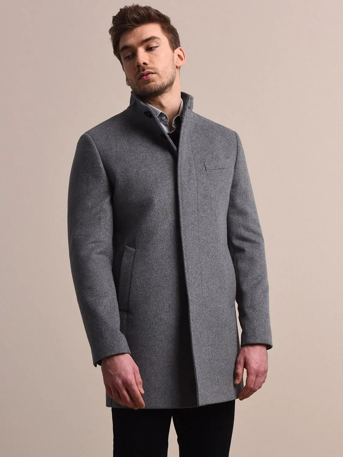 Grey Regular Fit Turtleneck Classical Weaving Overcoat - 1