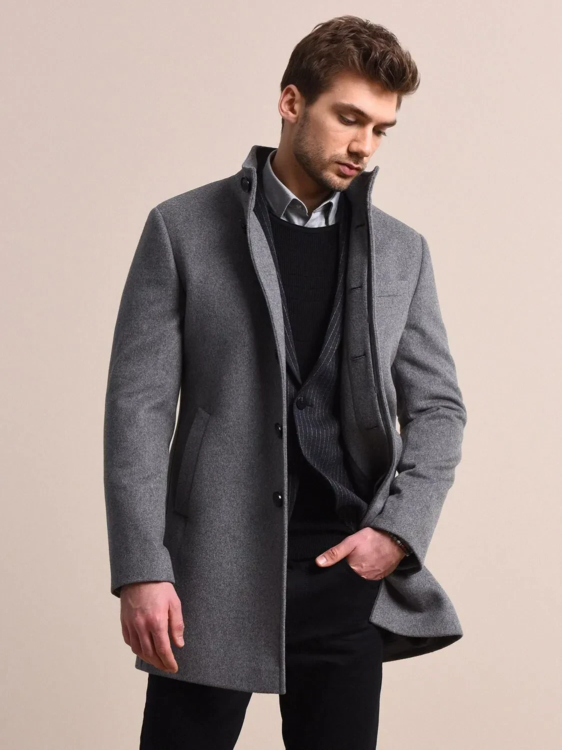 Grey Regular Fit Turtleneck Classical Weaving Overcoat - 2