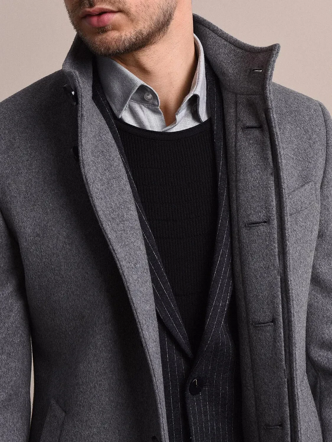 Grey Regular Fit Turtleneck Classical Weaving Overcoat - 3