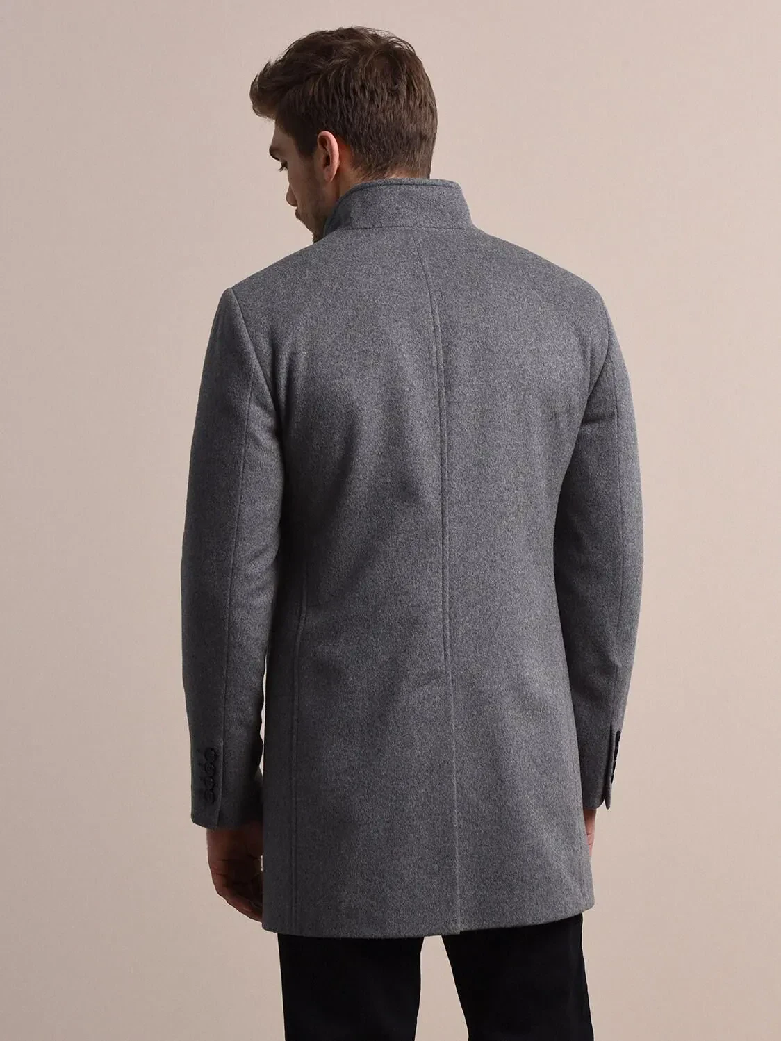 Grey Regular Fit Turtleneck Classical Weaving Overcoat - 4