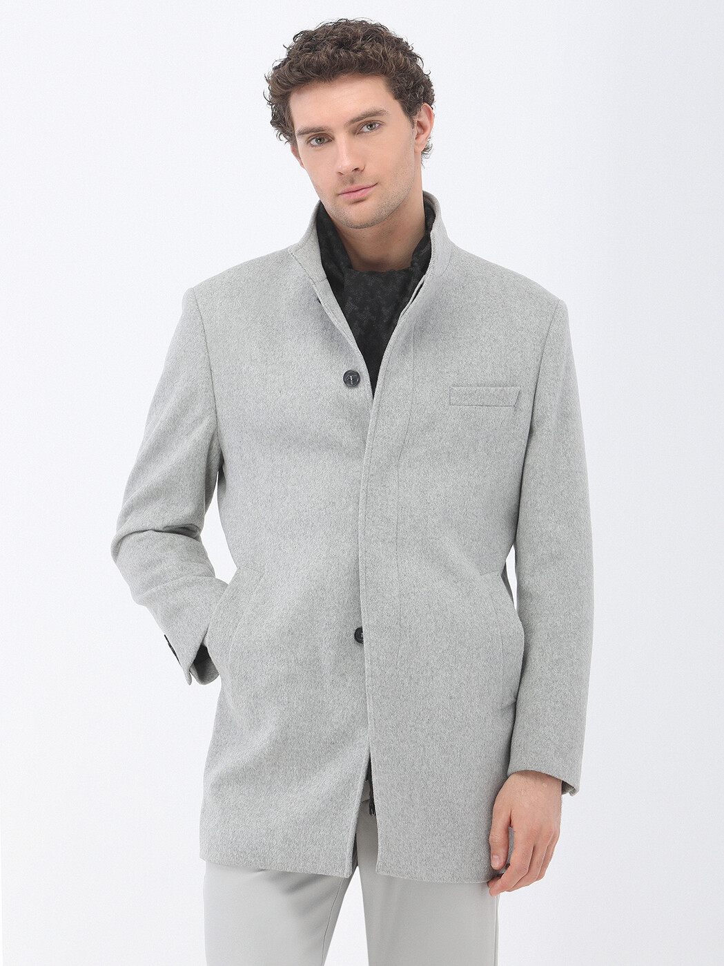 Grey Regular Fit Turtleneck Classical Weaving Overcoat - 1