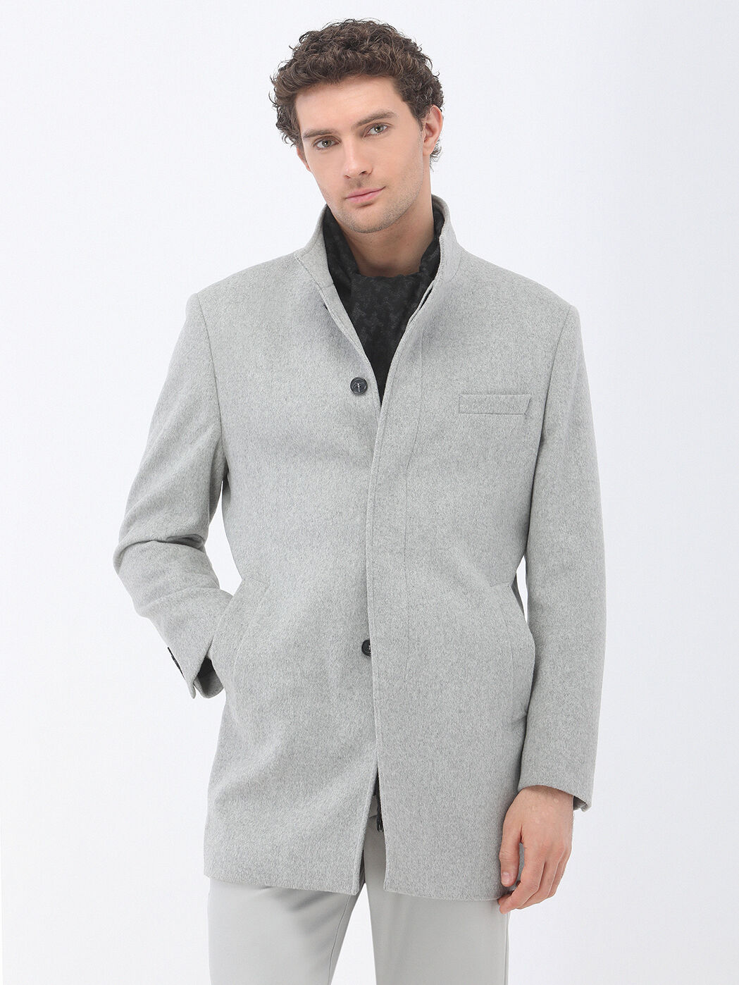 Grey Regular Fit Turtleneck Classical Weaving Overcoat - 1