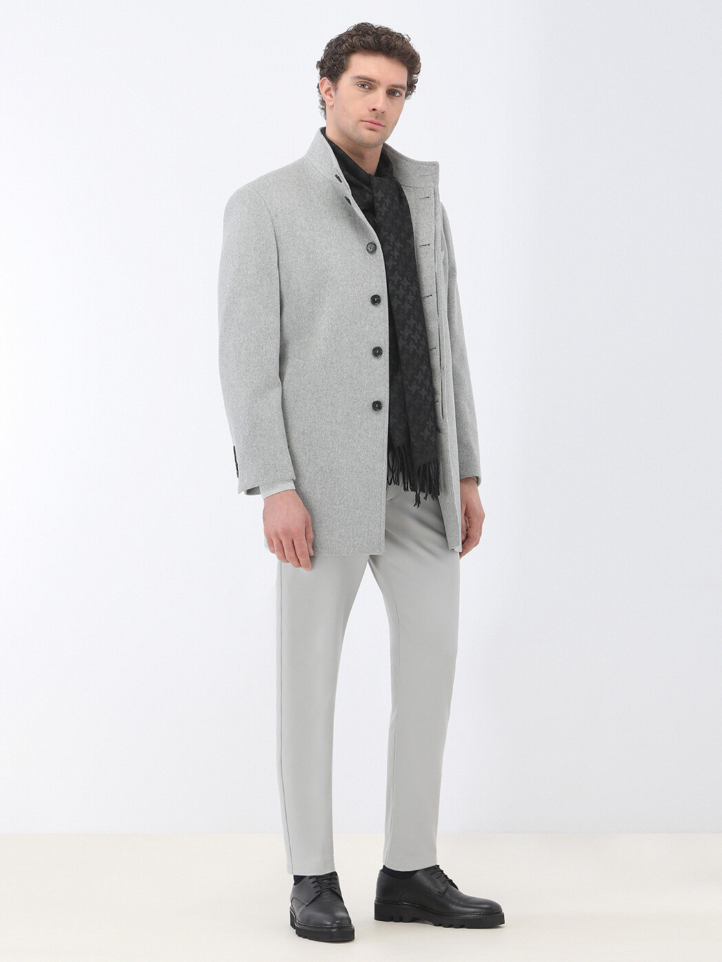 Grey Regular Fit Turtleneck Classical Weaving Overcoat - 2