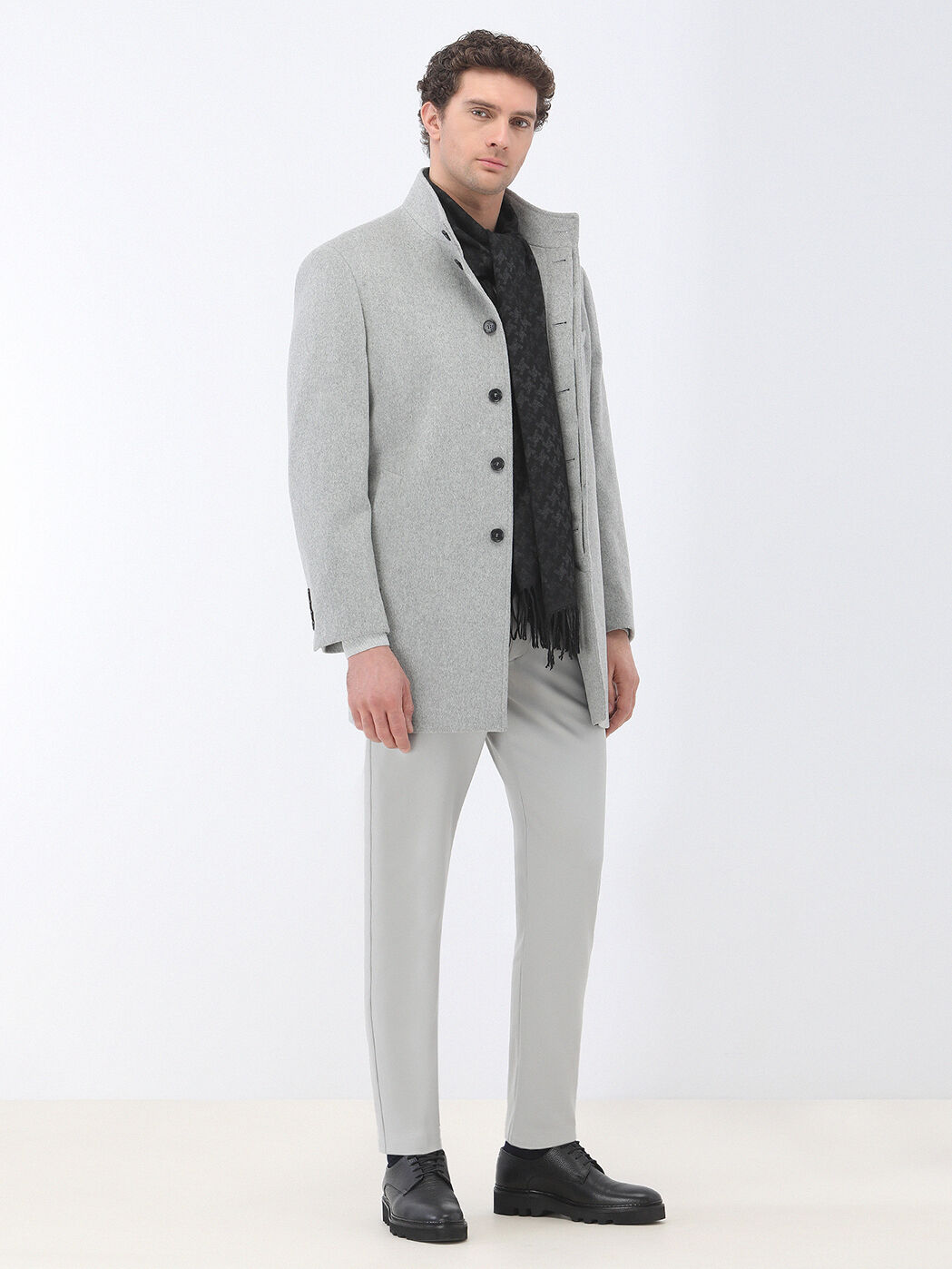 Grey Regular Fit Turtleneck Classical Weaving Overcoat - 2