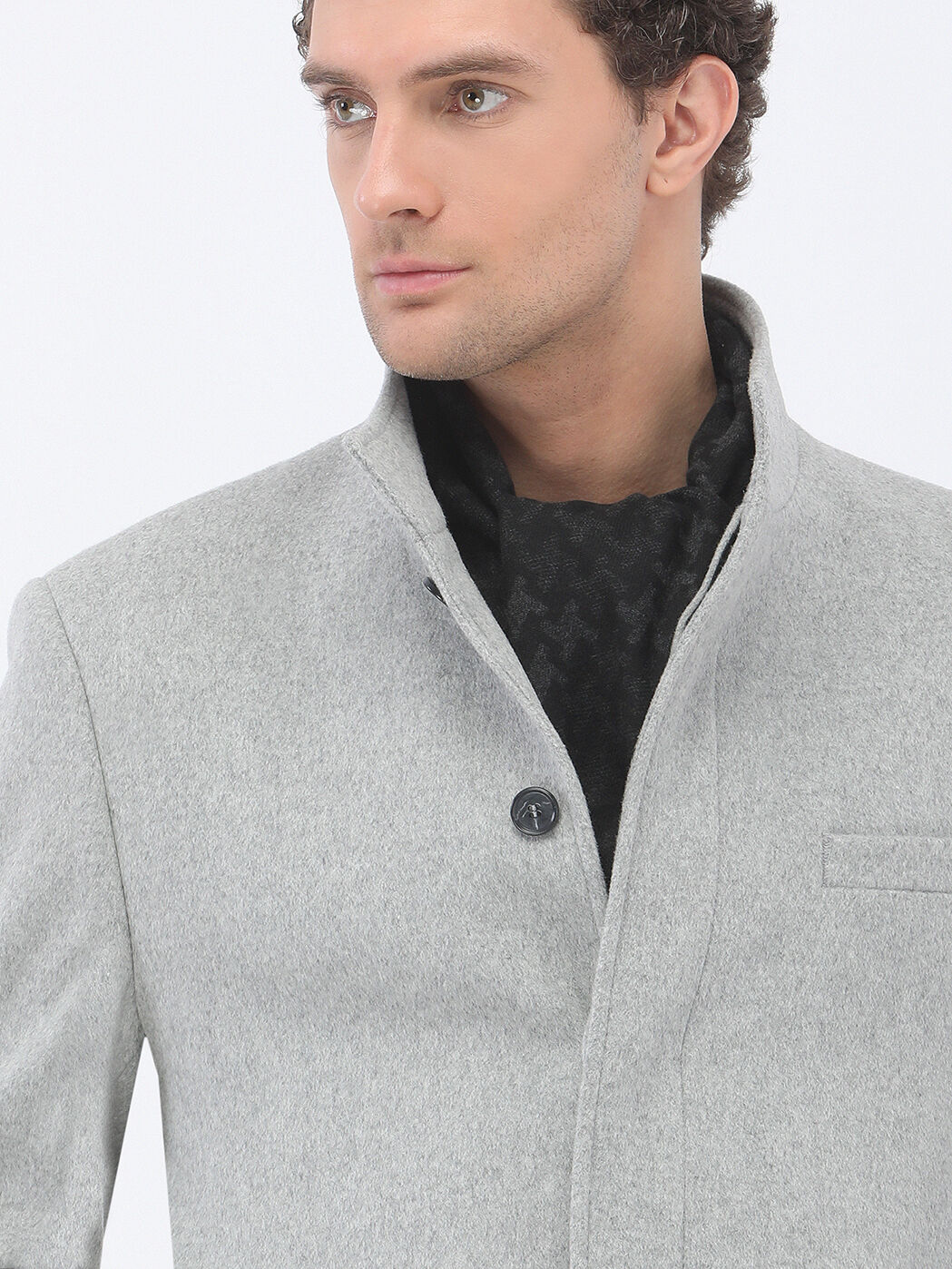 Grey Regular Fit Turtleneck Classical Weaving Overcoat - 3