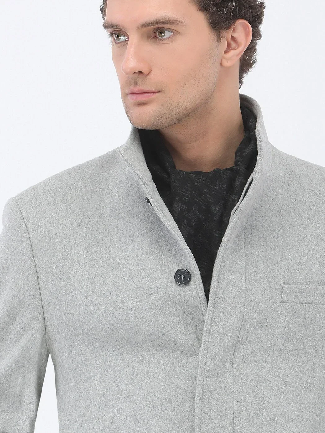 Grey Regular Fit Turtleneck Classical Weaving Overcoat - 3