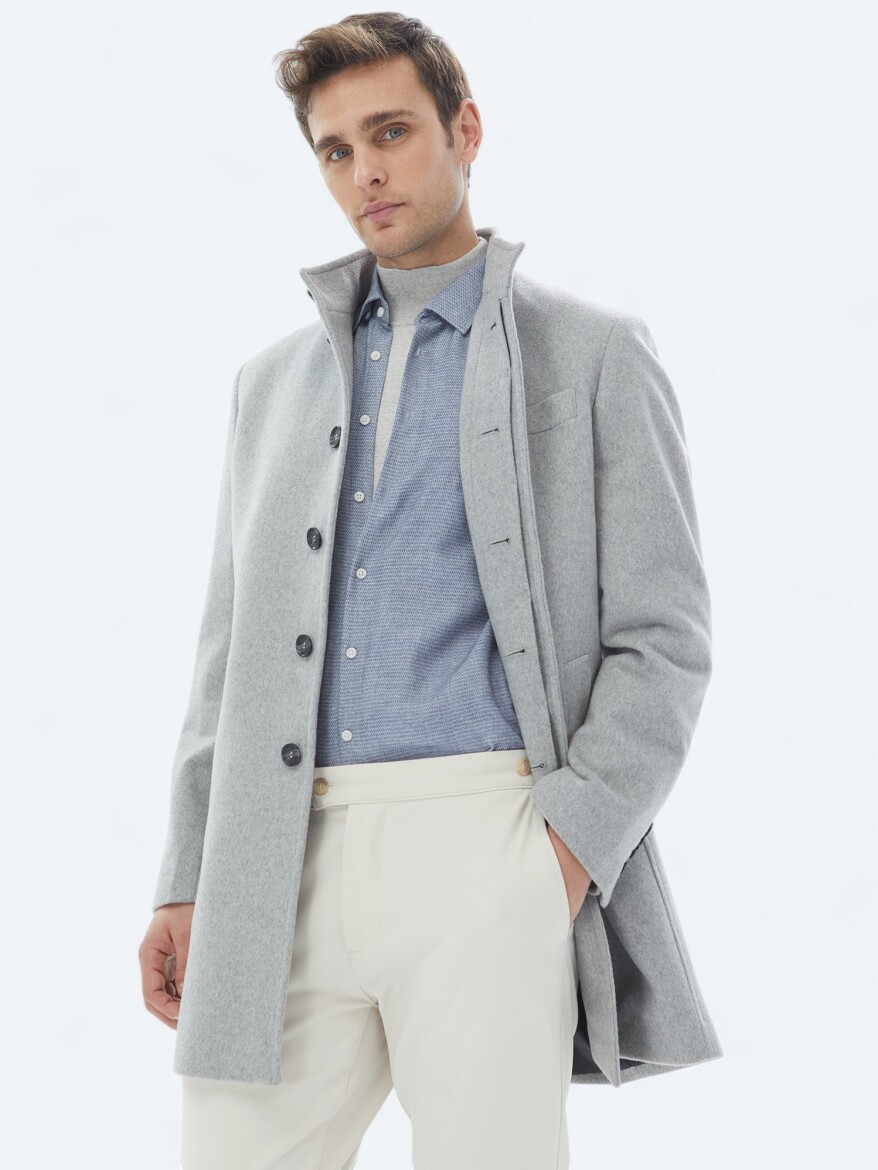 Grey Regular Fit Turtleneck Classical Weaving Overcoat - 1