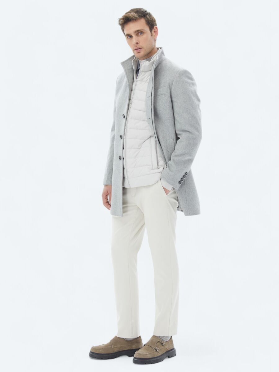 Grey Regular Fit Turtleneck Classical Weaving Overcoat - 4