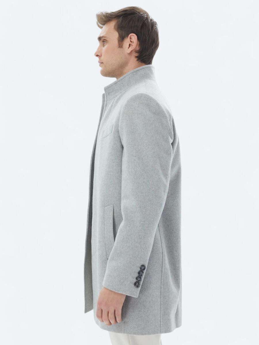 Grey Regular Fit Turtleneck Classical Weaving Overcoat - 6
