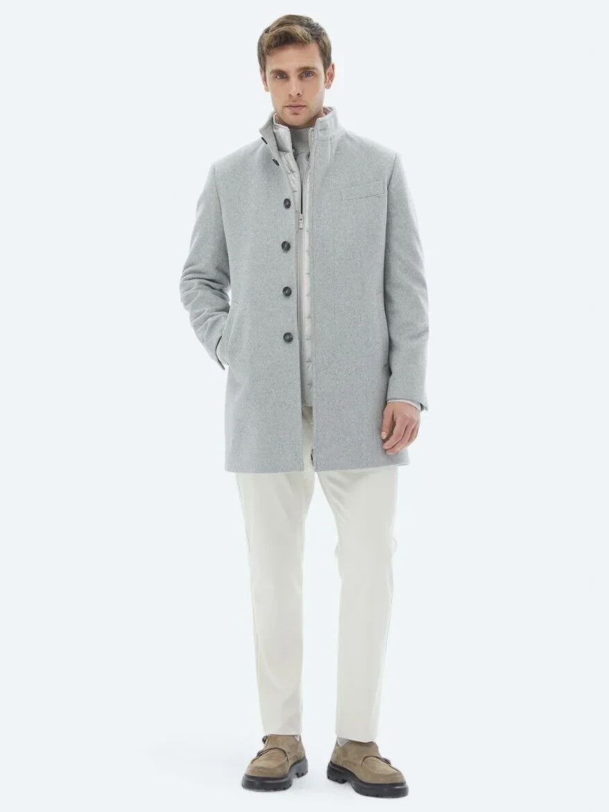 Grey Regular Fit Turtleneck Classical Weaving Overcoat - 3