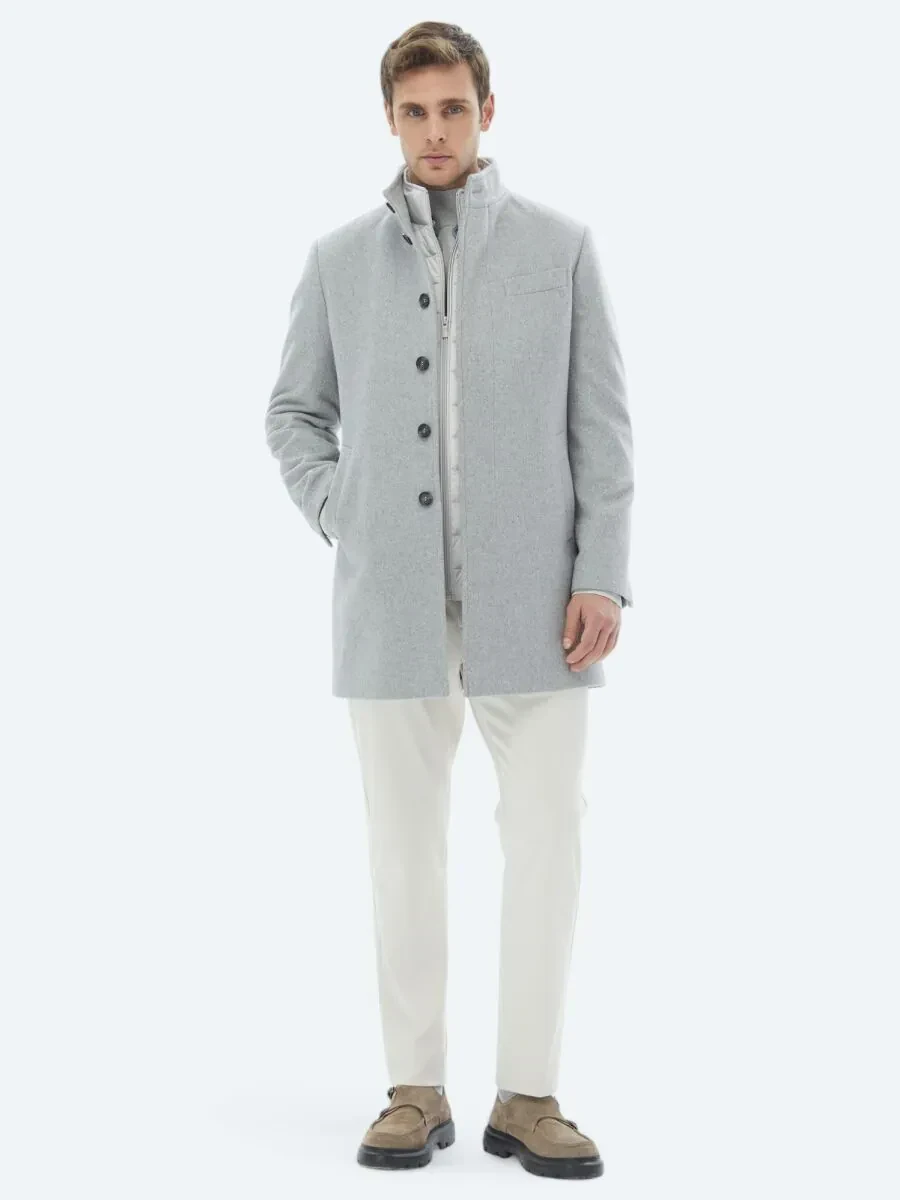 Grey Regular Fit Turtleneck Classical Weaving Overcoat - 3