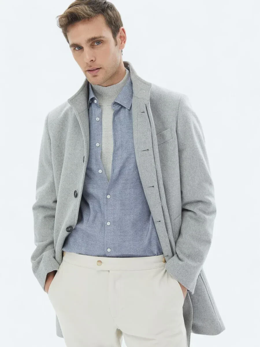 Grey Regular Fit Turtleneck Classical Weaving Overcoat - 5