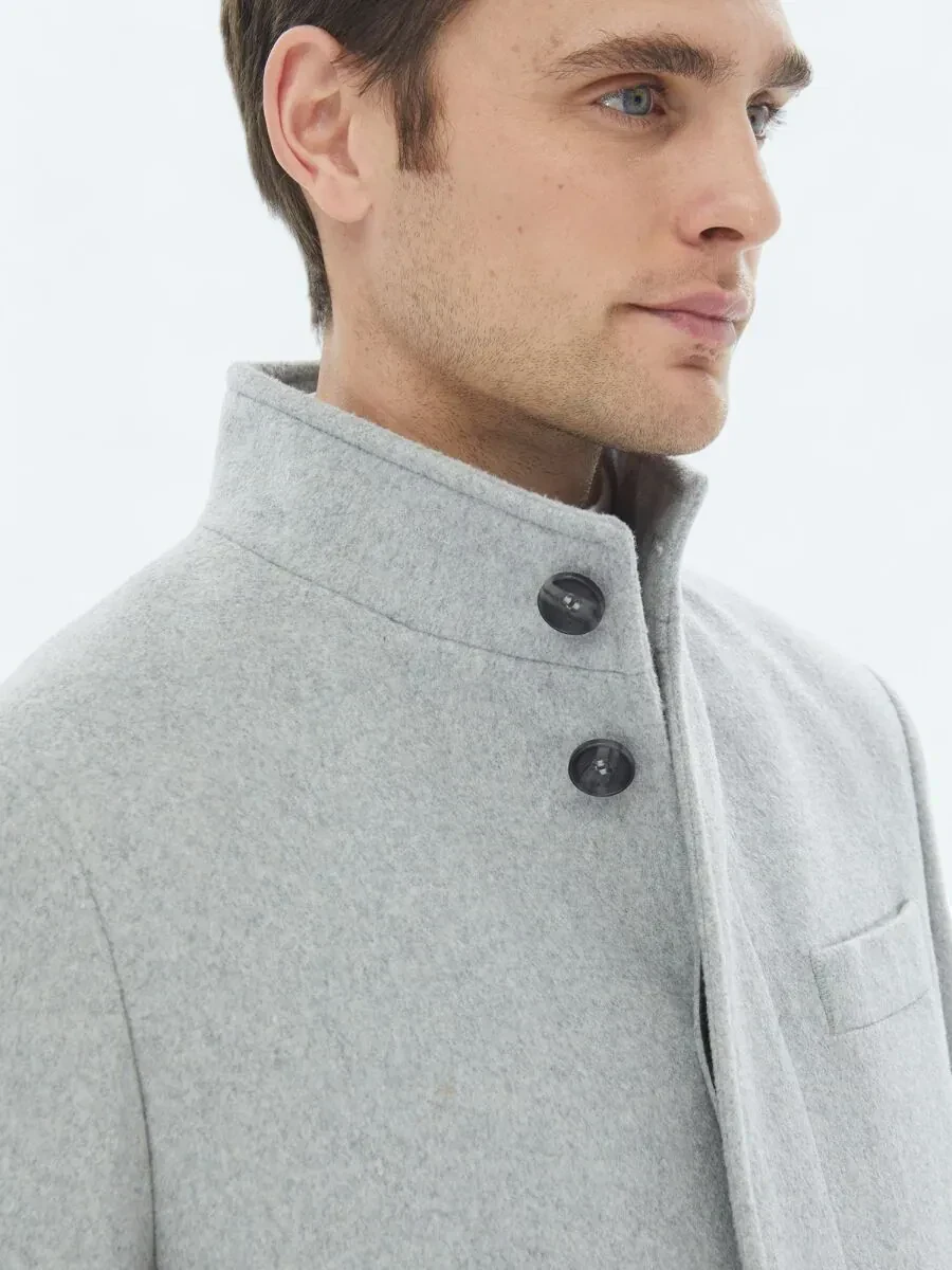 Grey Regular Fit Turtleneck Classical Weaving Overcoat - 7