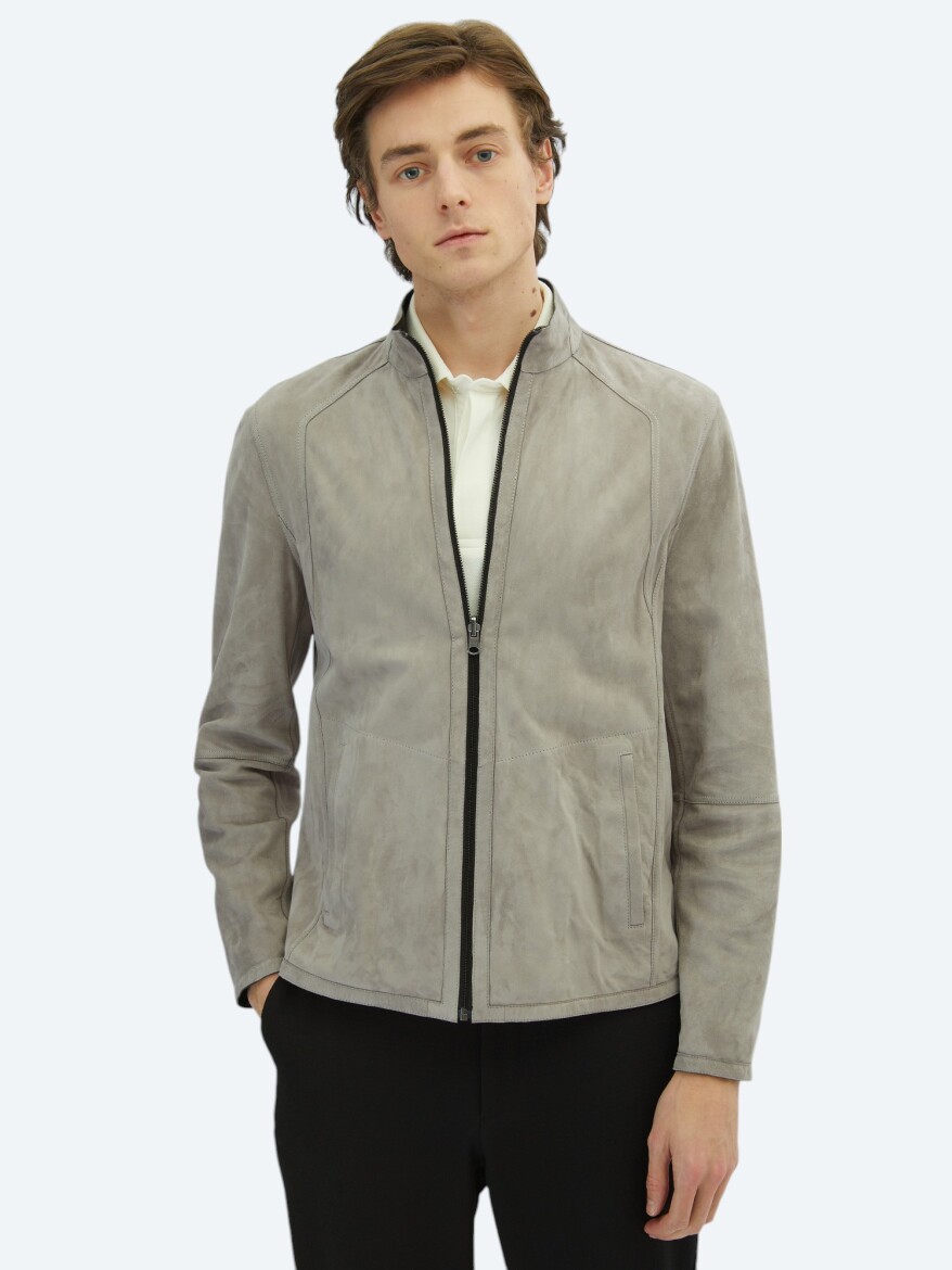 Grey Regular Fit Turtleneck Smart Casual Double-Sided Leather Coat - KİP