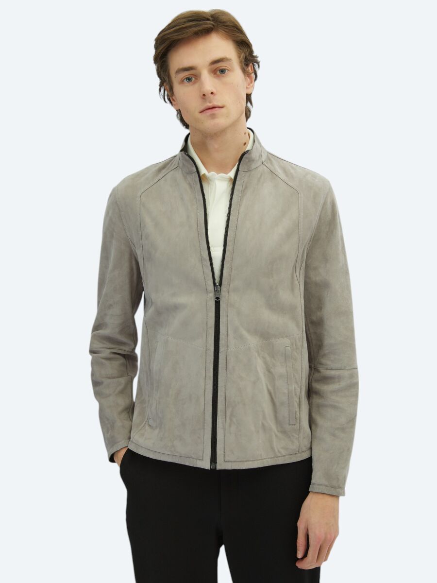 Grey Regular Fit Turtleneck Smart Casual Double-Sided Leather Coat - 2