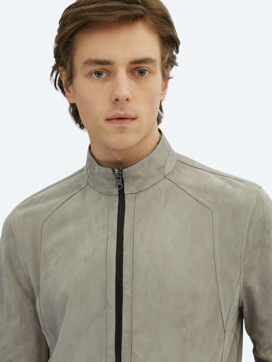 Grey Regular Fit Turtleneck Smart Casual Double-Sided Leather Coat - 5