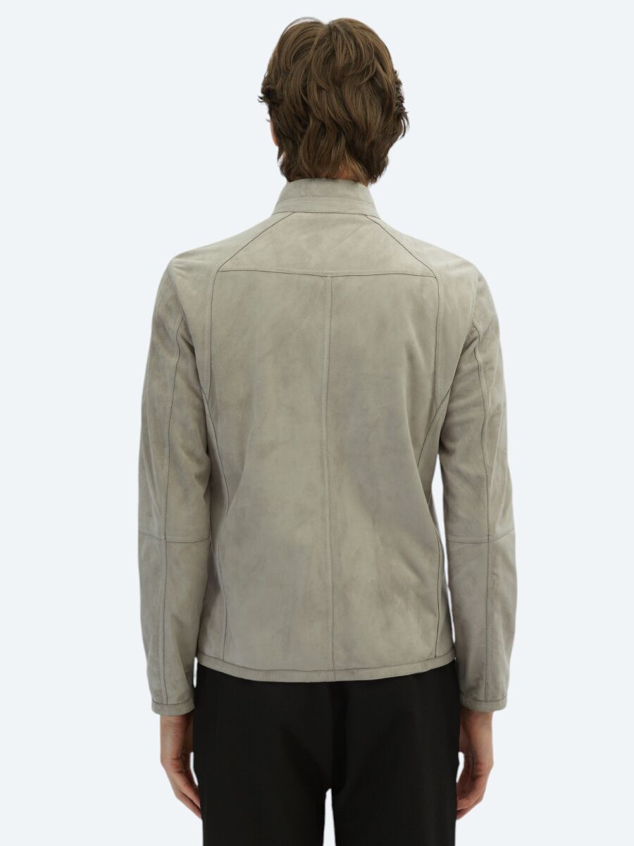 Grey Regular Fit Turtleneck Smart Casual Double-Sided Leather Coat - 9