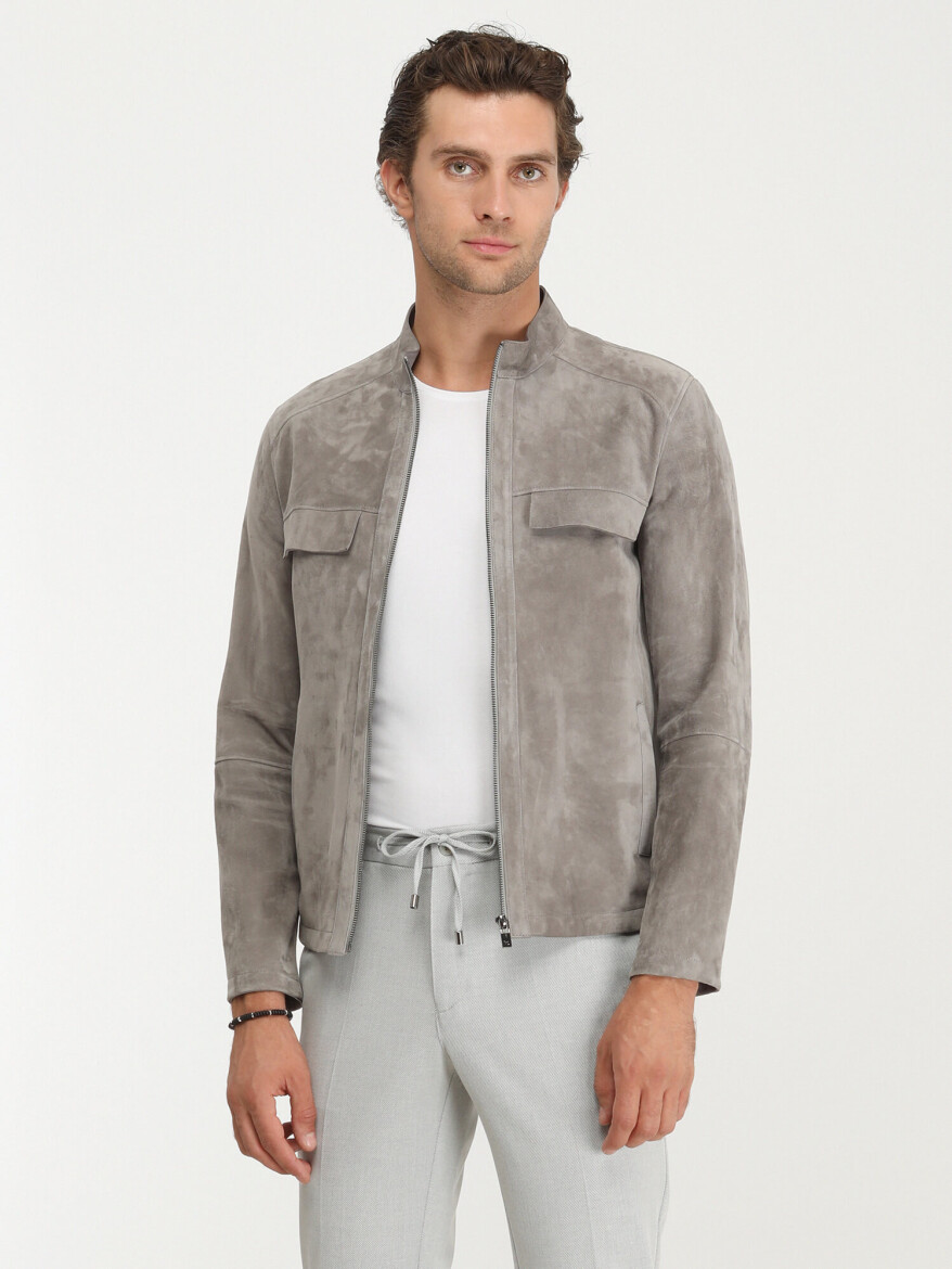 Grey Regular Fit Turtleneck Smart Casual Leather Leather Coat - 1