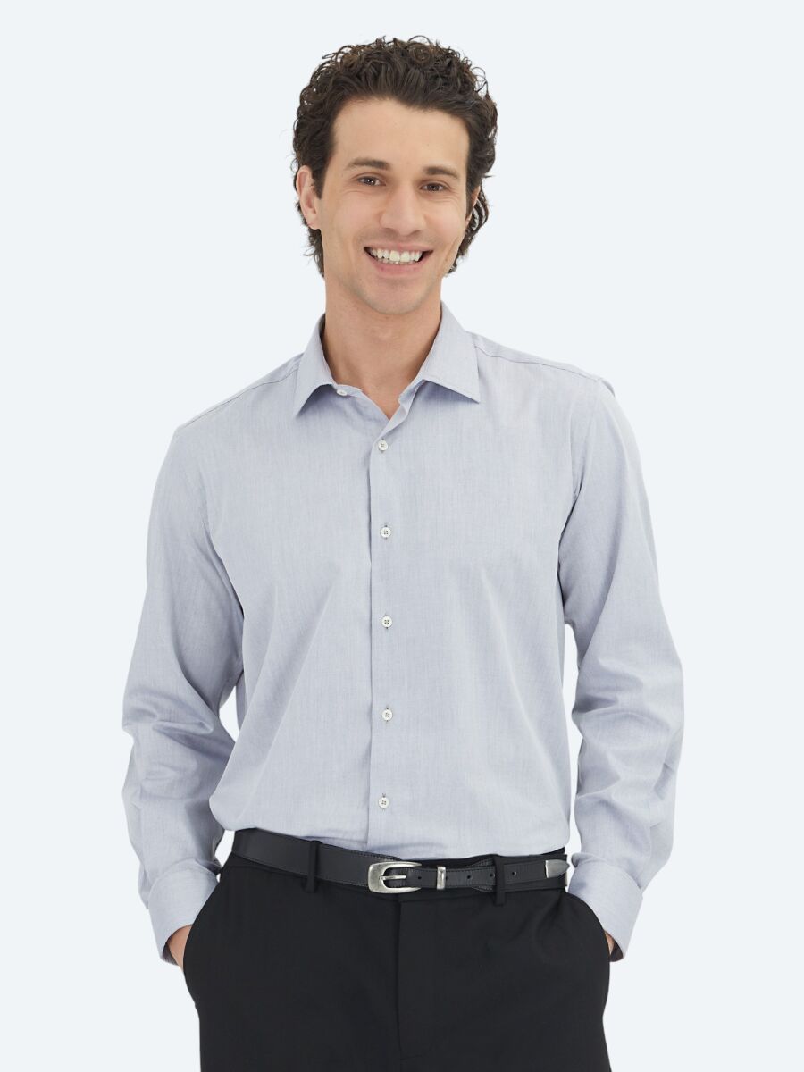 Grey Regular Fit Weaving Classical Cotton Blended Shirt - 1