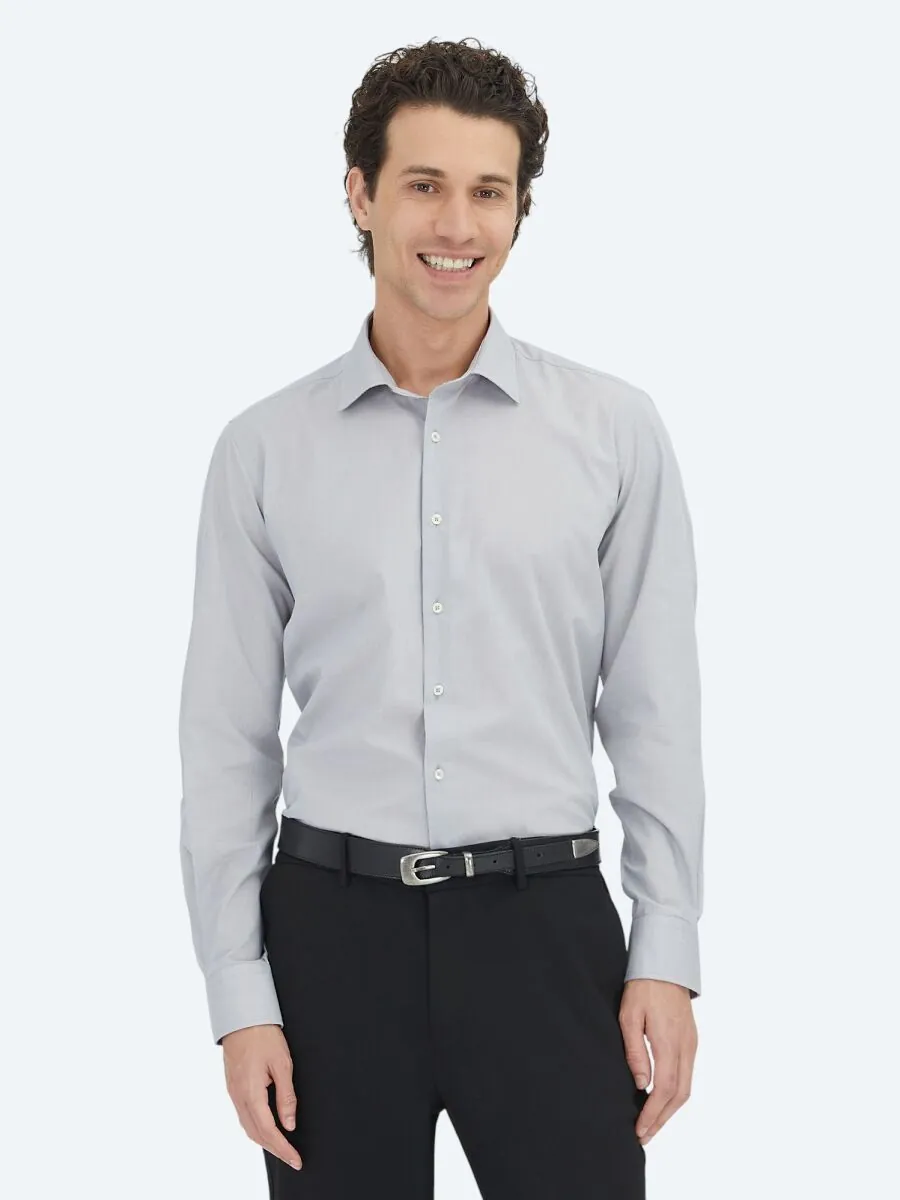 Grey Regular Fit Weaving Classical Cotton Blended Shirt - 1